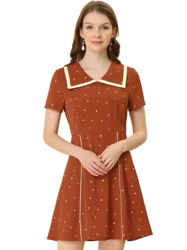 Women's Heart Printed Doll Collar Short Sleeve A-Line Flare Dress sold by Allegra K