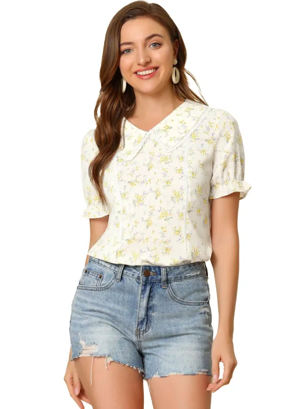 Women's Floral Peter Pan Collar Lace Trim Ruffle Sleeve Blouse sold by Allegra K