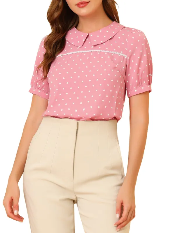 Women's Vintage Heart Print Puff Short Sleeve Peter Pan Collar Blouse Tops sold by Allegra K