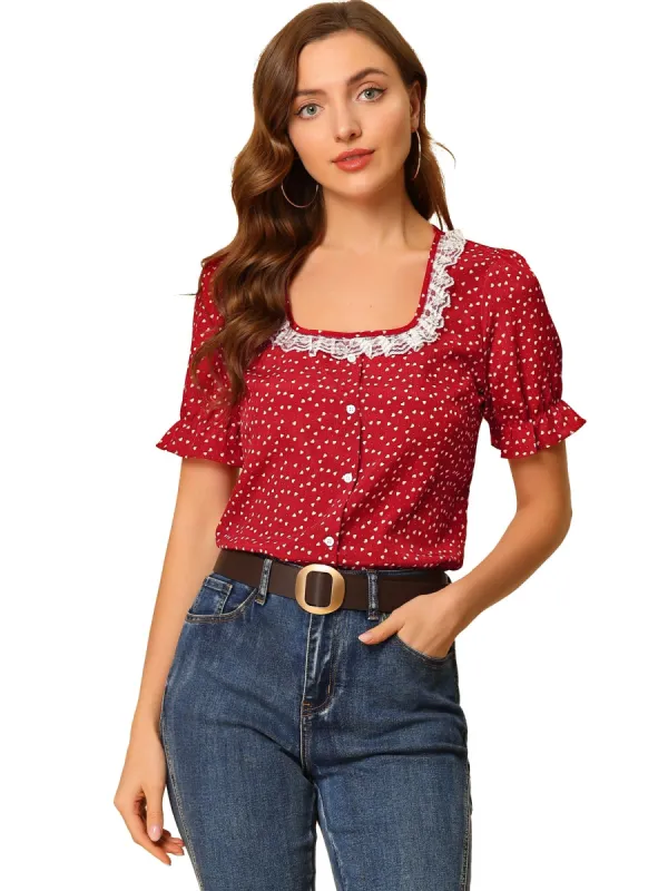 Women's Valentine's Day Square Neck Button Ruffle Sleeve Love Heart Printed Blouse Top sold by Allegra K