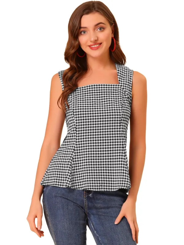 Women's Sleeveless Square Neck Self Tie Front Textured Peplum Tops sold by Allegra K