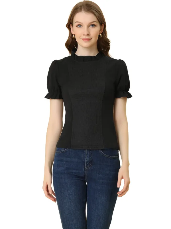 Allegra K Women's Ruffled Stand Collar Elastic Cuffs Short Sleeve Smocked Top sold by Allegra K