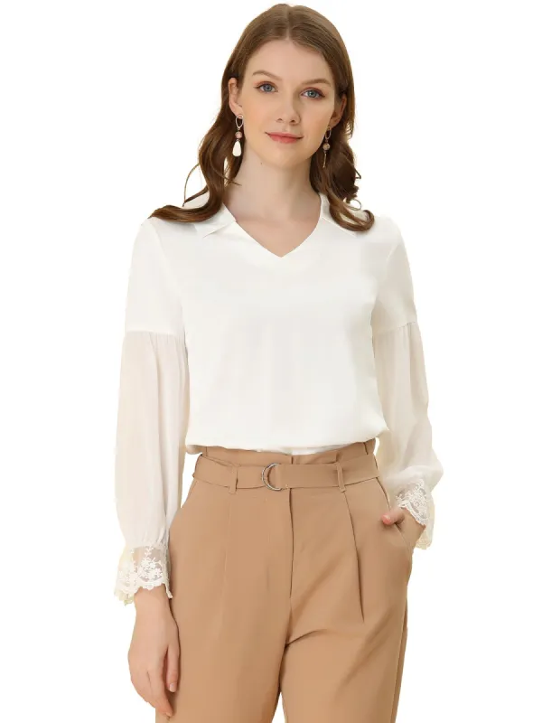Women's Elegant Sheer Long Sleeves Lace Chiffon V Neck Blouse Tops sold by Allegra K