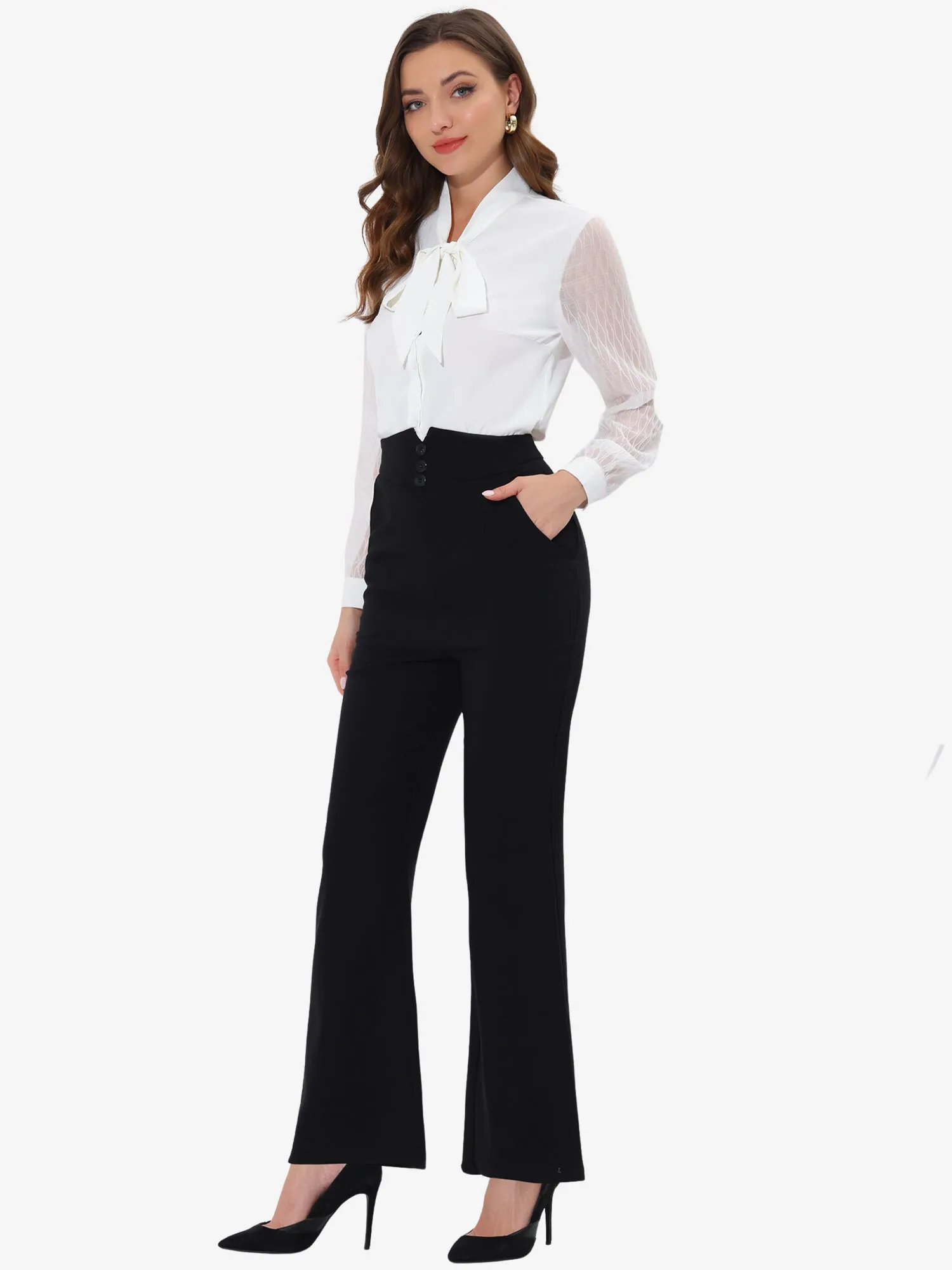 High Waist Work Long Pant Flare Wide Leg Solid Trouser Pants sold by Allegra K