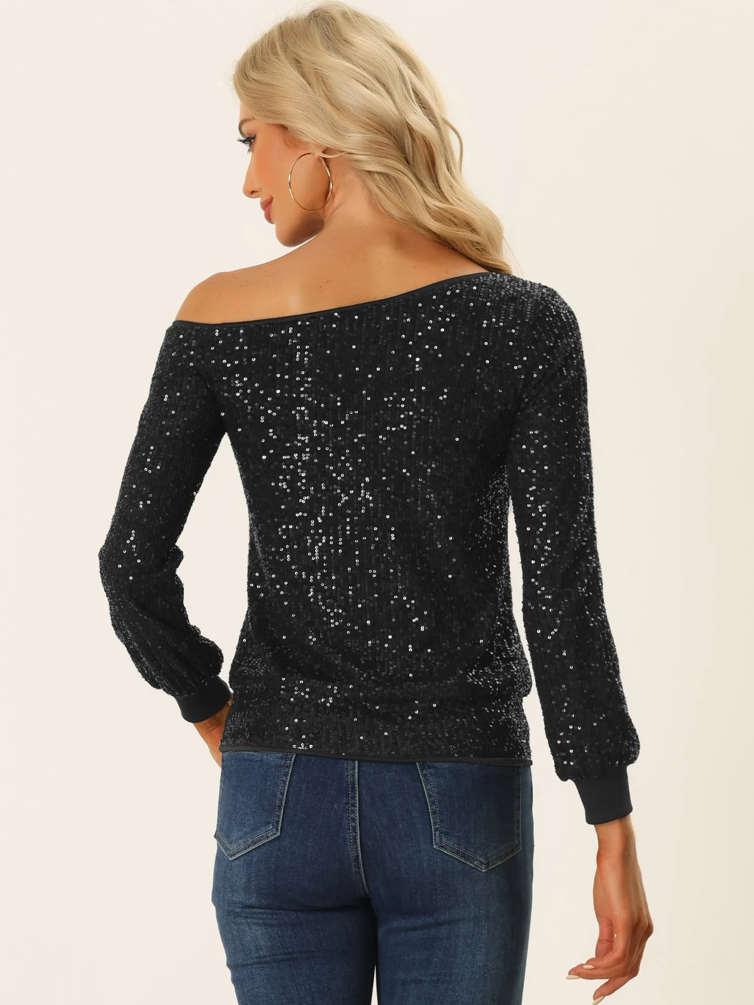 Off Shoulder Sequins Tops Disco Party Sparkly Glitter Top sold by Allegra K product image thumbnail 3