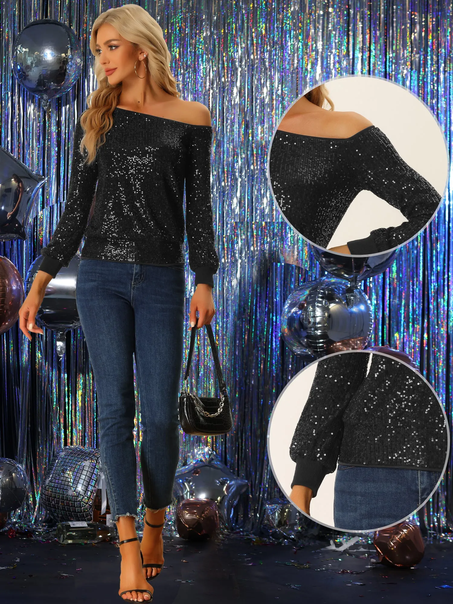 Off Shoulder Sequins Tops Disco Party Sparkly Glitter Top sold by Allegra K product image thumbnail 2