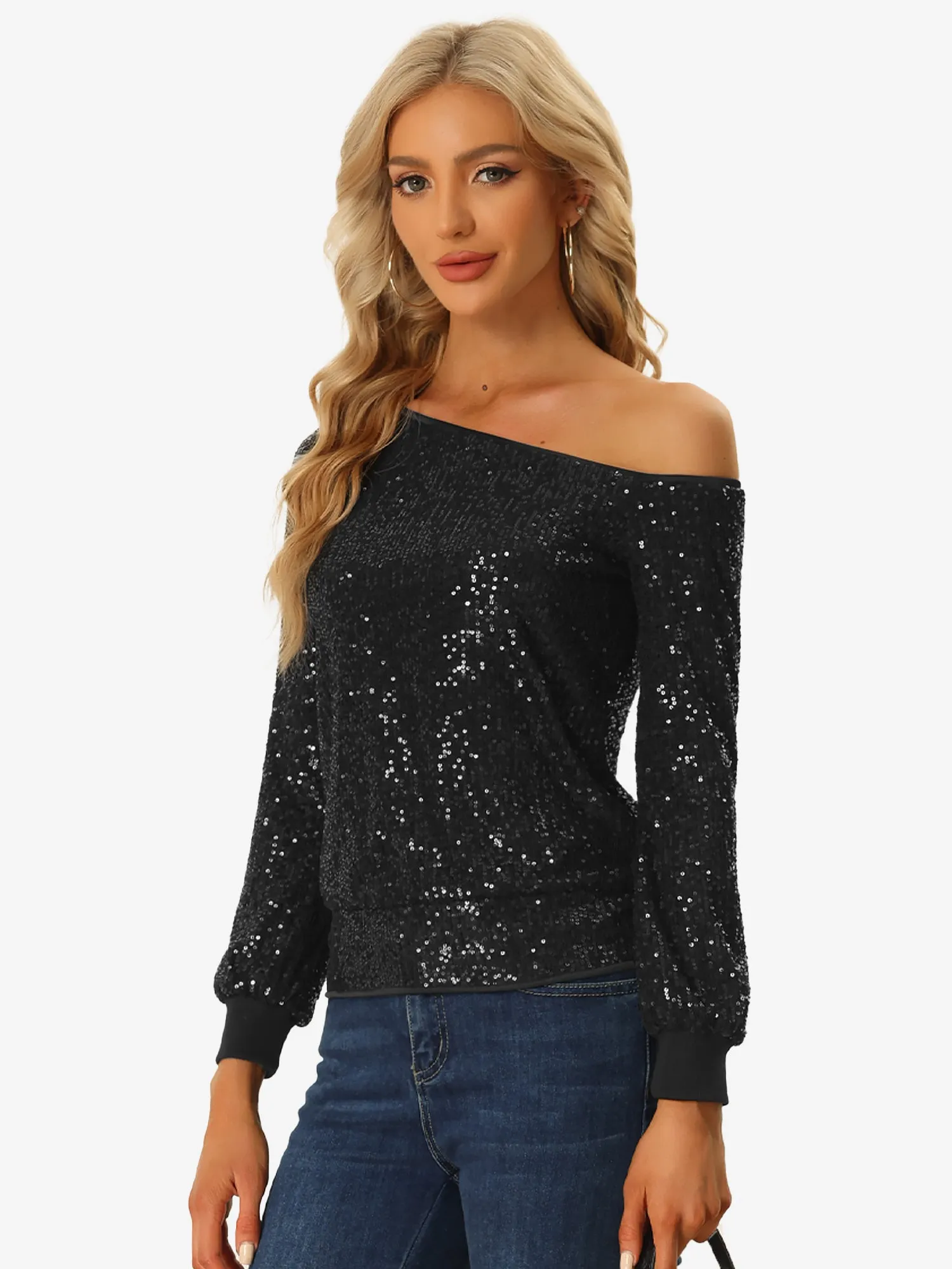 Off Shoulder Sequins Tops Disco Party Sparkly Glitter Top sold by Allegra K