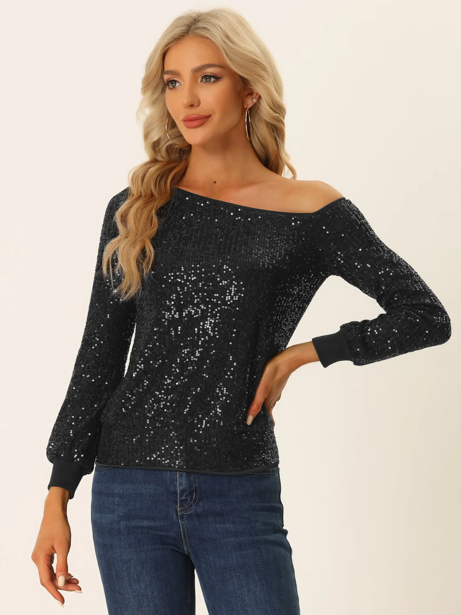 Off Shoulder Sequins Tops Disco Party Sparkly Glitter Top sold by Allegra K product image thumbnail 4