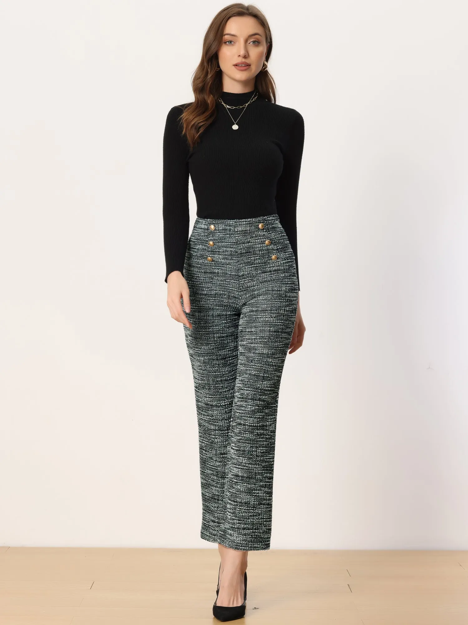 High Rise Tweed Plaid Pants Button Front Long Trouser Pants sold by Allegra K product image thumbnail 4