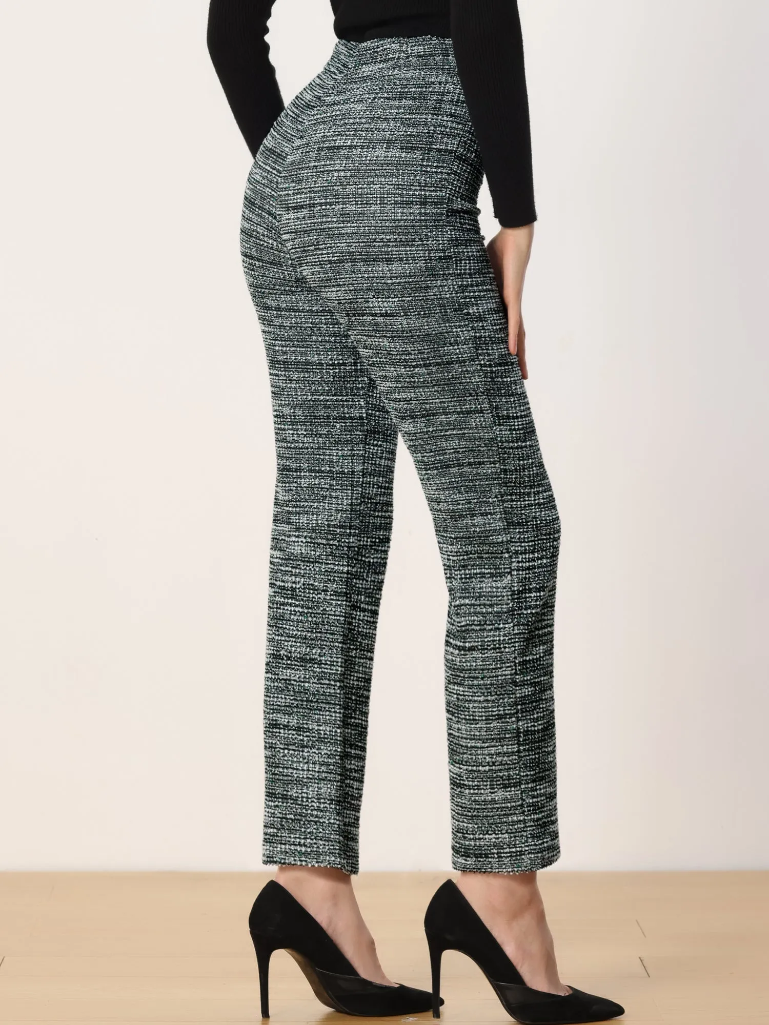 High Rise Tweed Plaid Pants Button Front Long Trouser Pants sold by Allegra K product image thumbnail 3