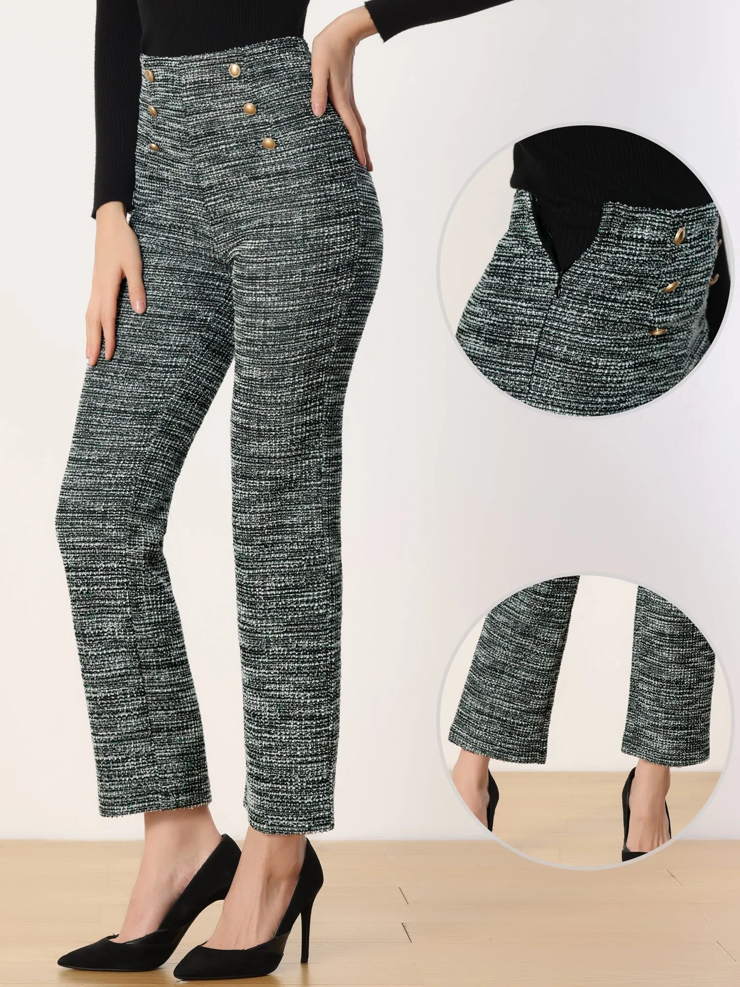 High Rise Tweed Plaid Pants Button Front Long Trouser Pants sold by Allegra K product image thumbnail 2