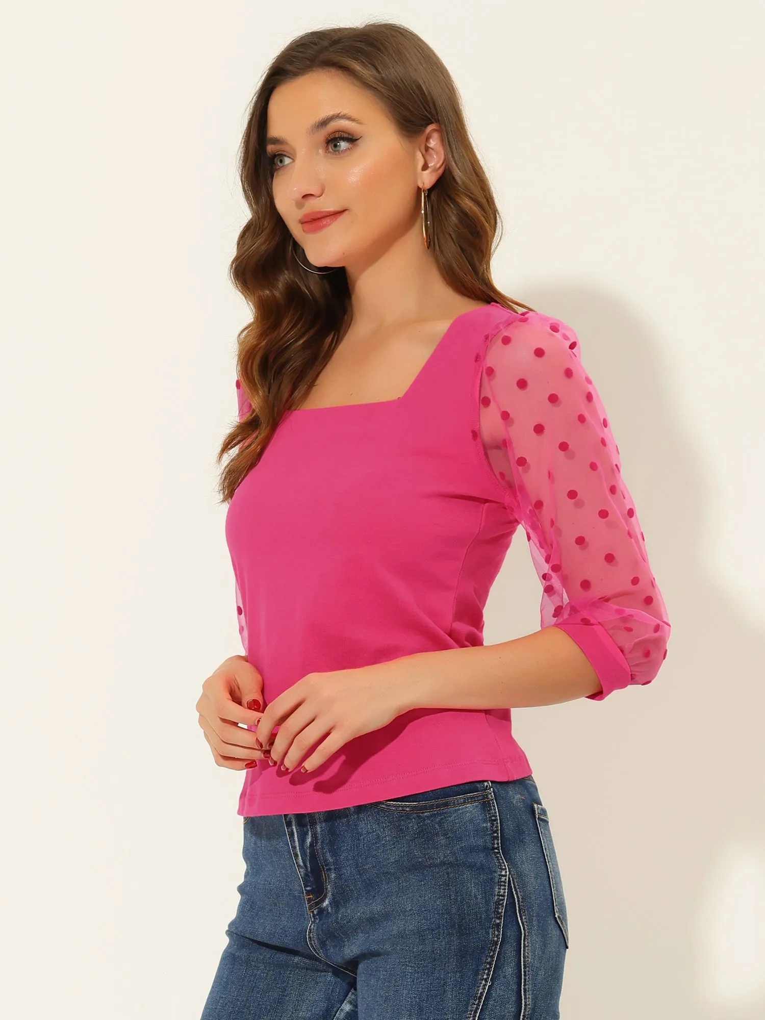 Retro Square Neck Tops Slim Fit Semi Sheer 3/4 Mesh Sleeve Top sold by Allegra K
