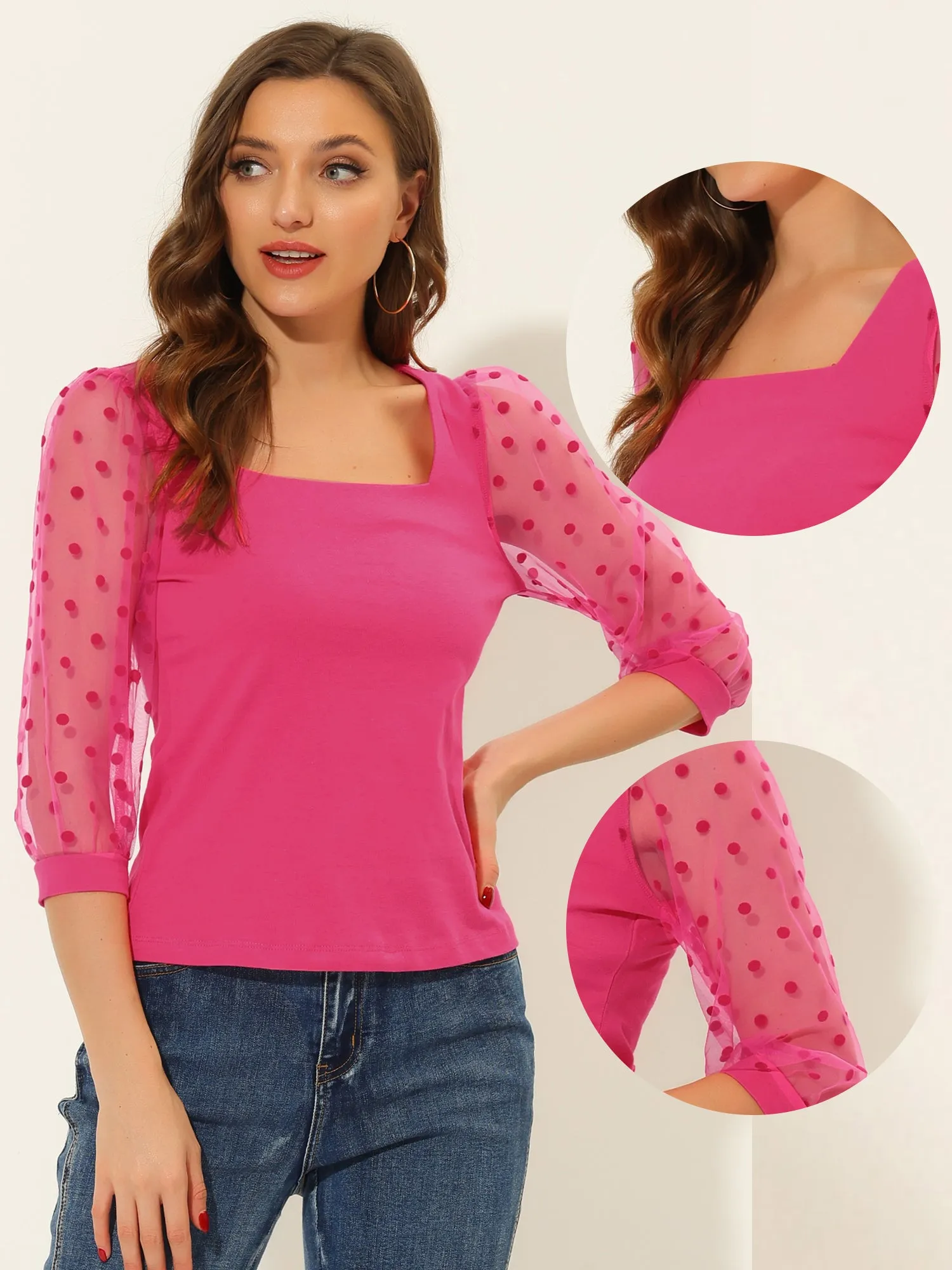 Retro Square Neck Tops Slim Fit Semi Sheer 3/4 Mesh Sleeve Top sold by Allegra K product image thumbnail 2