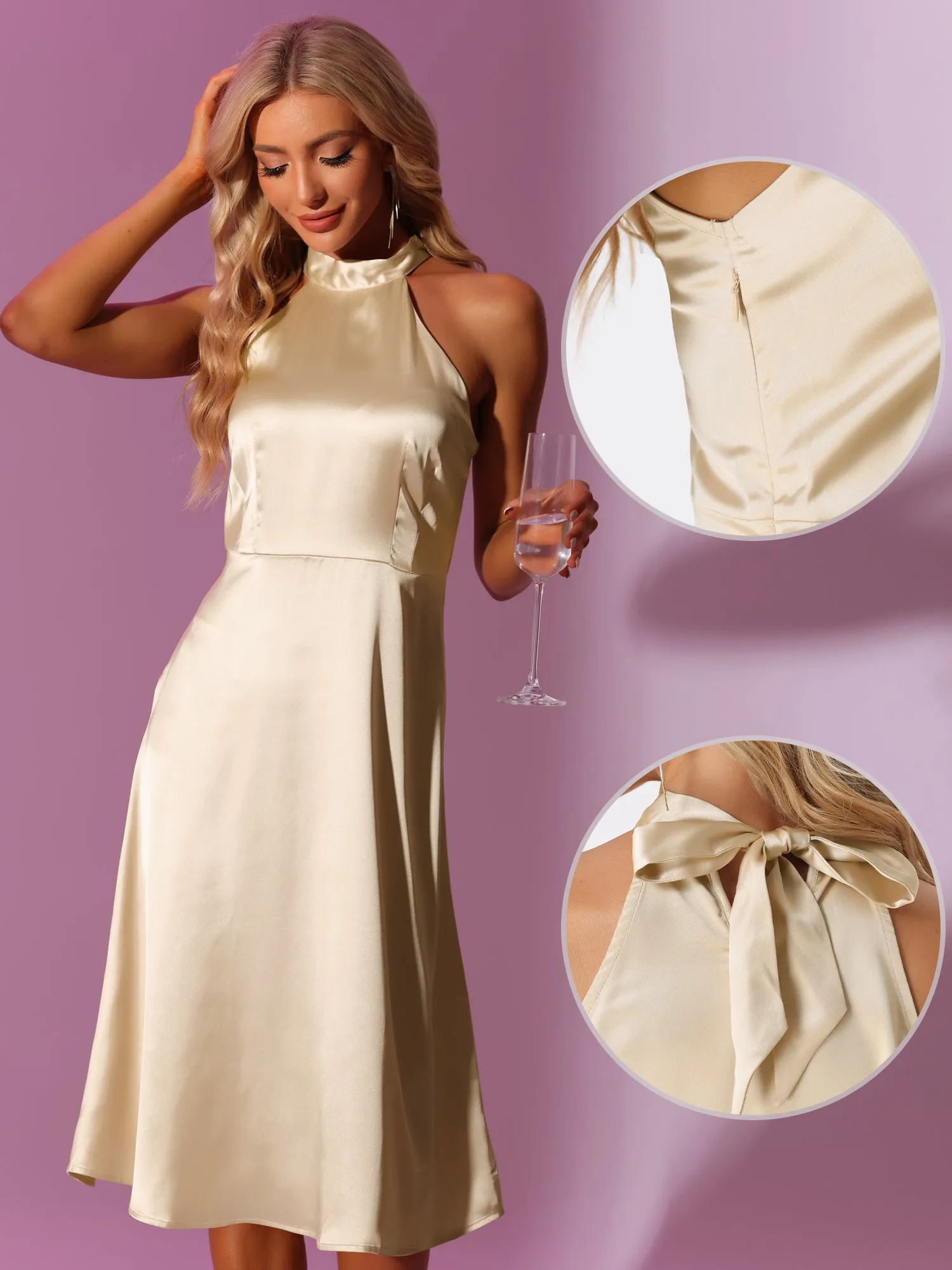 Halter Sleeveless Satin Midi Side Zipper High Waist Cocktail Dress sold by Allegra K product image thumbnail 2