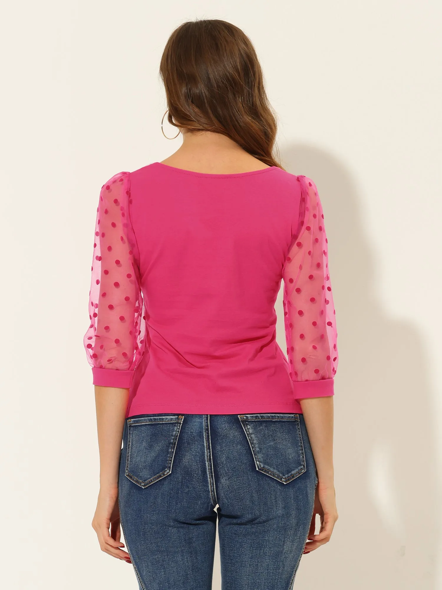 Retro Square Neck Tops Slim Fit Semi Sheer 3/4 Mesh Sleeve Top sold by Allegra K product image thumbnail 3