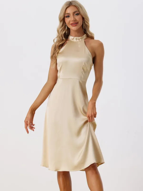 Halter Sleeveless Satin Midi Side Zipper High Waist Cocktail Dress sold by Allegra K