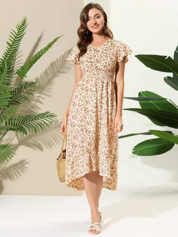 Smocked Floral High Low Summer Maxi Dress sold by Allegra K