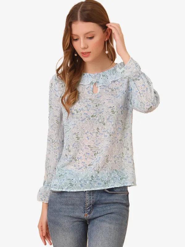 Sheer Blouse Floral Print Ruffles Trim Peasant Long Sleeve Top sold by Allegra K