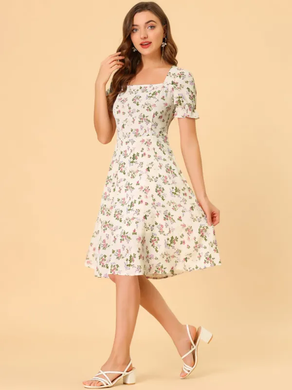 Summer Floral Square Neck Short Sleeve Midi A-line Dress sold by Allegra K