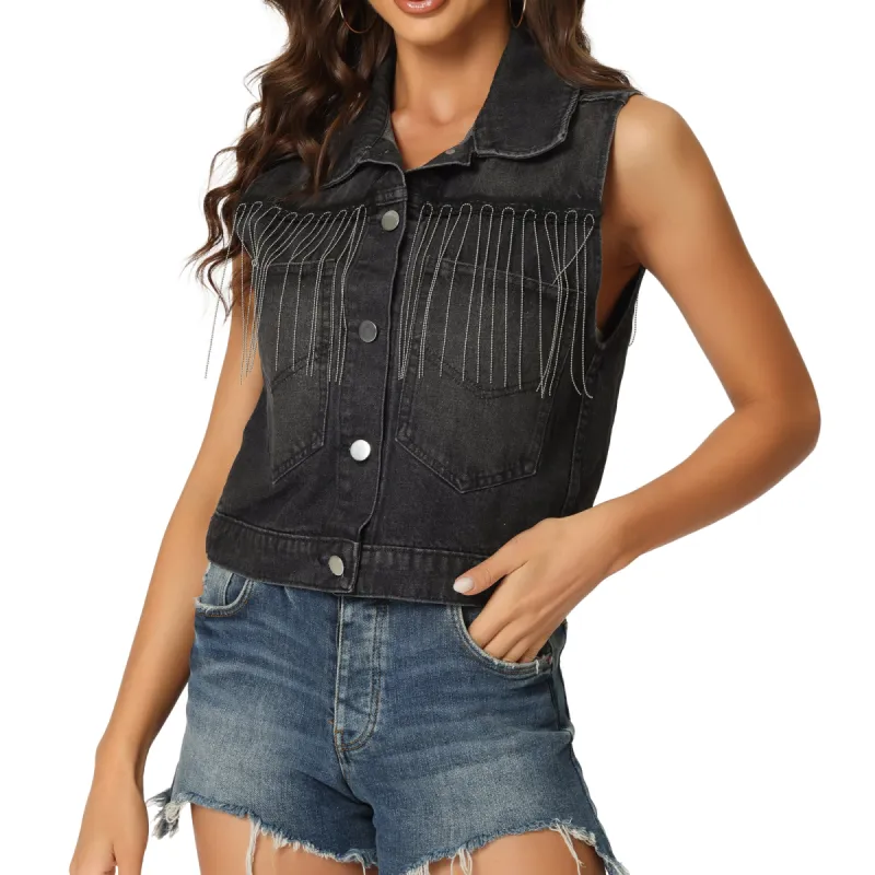 Sleeveless Tassel Button Down Jean Waistcoat Jacket Denim Vest sold by Allegra K