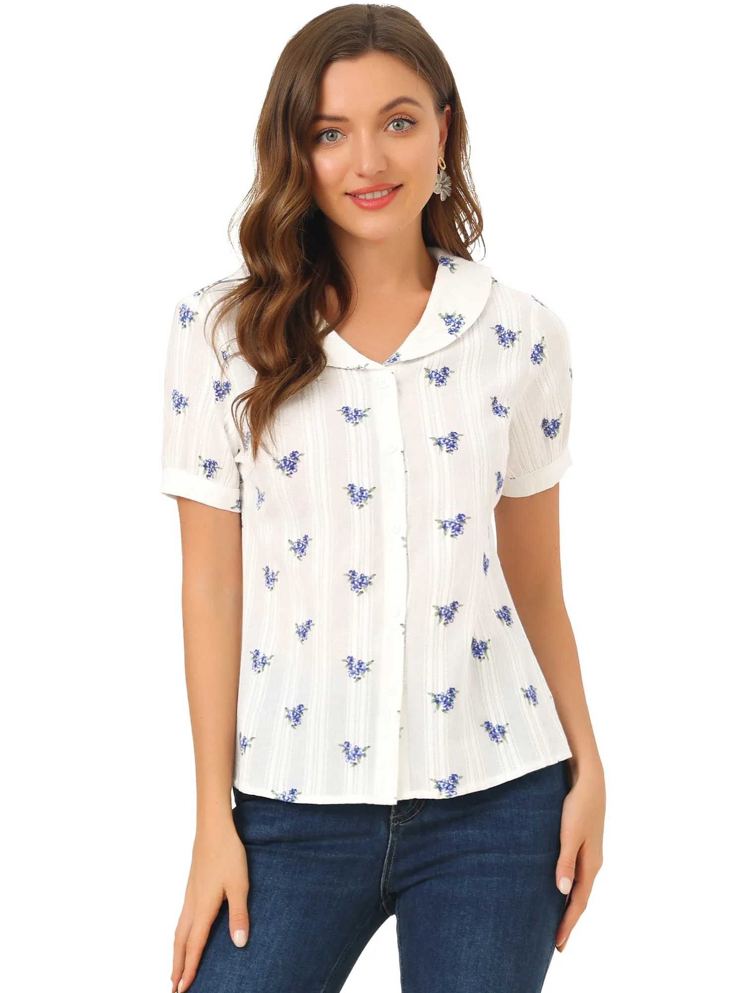 Peter Pan Collar Summer Tops Button Front Elegant Floral Shirt sold by Allegra K product image thumbnail 4