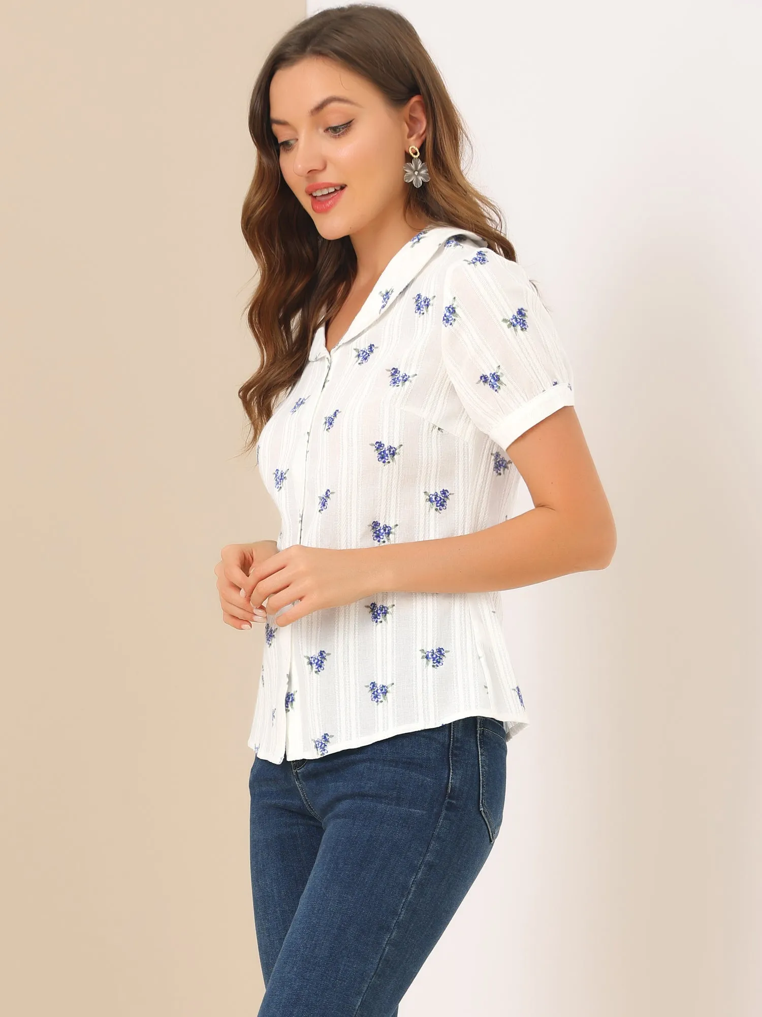 Peter Pan Collar Summer Tops Button Front Elegant Floral Shirt sold by Allegra K product image thumbnail 2