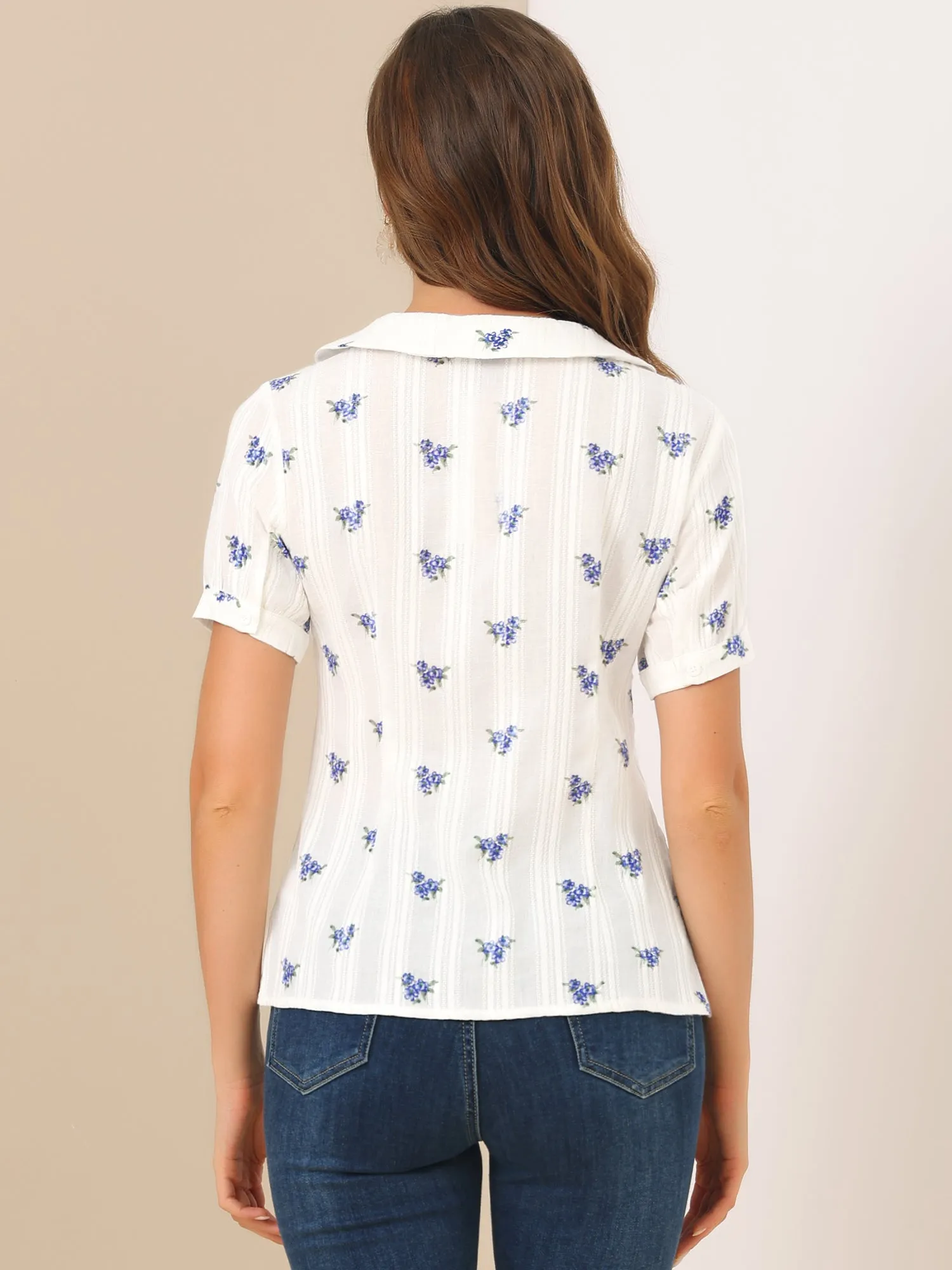 Peter Pan Collar Summer Tops Button Front Elegant Floral Shirt sold by Allegra K product image thumbnail 3