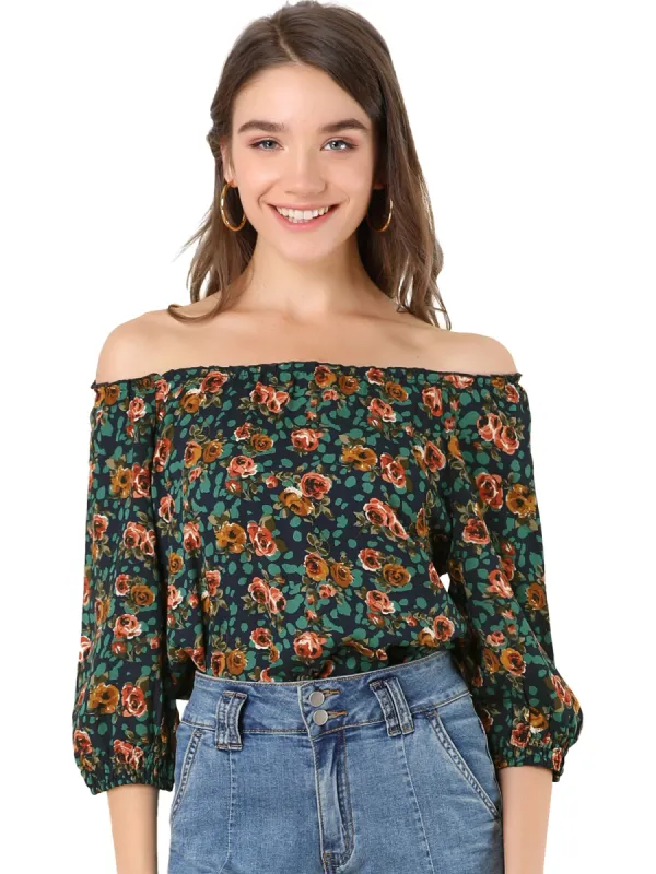 Bubble Sleeve Boat Neck Smocked Cuffs Off Shoulder Floral Blouse sold by Allegra K