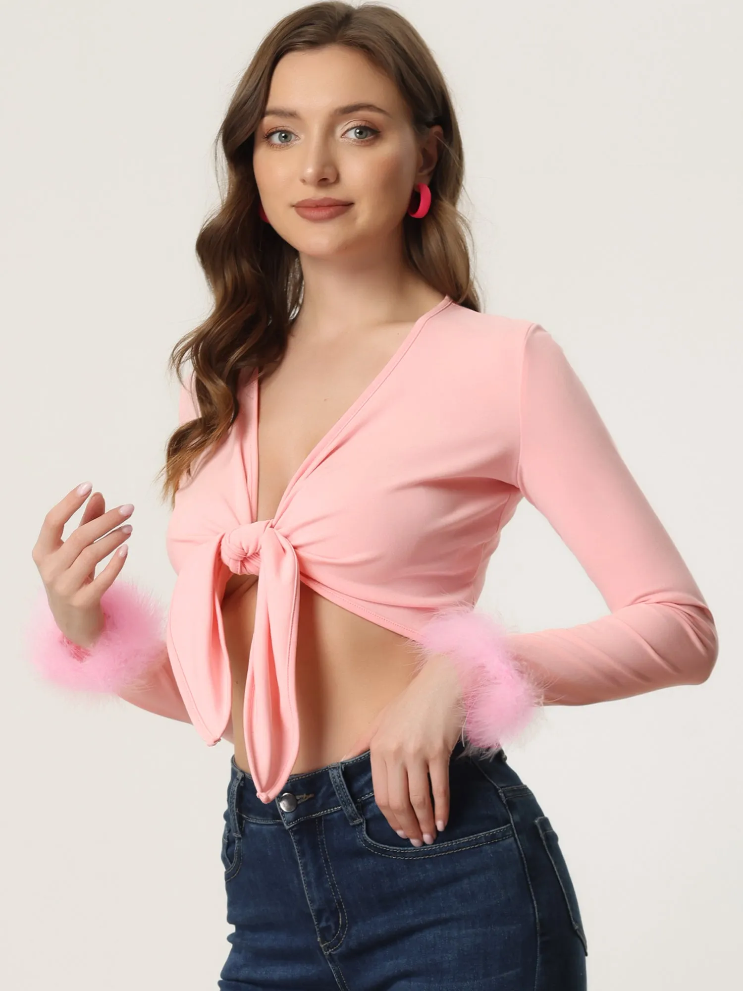 Tie Front Long Sleeve Faux Feather Cuff Open Navel Crop Top sold by Allegra K