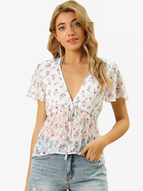 Summer Short Flare Sleeve Deep V Neck Sheer Top Floral Blouse sold by Allegra K