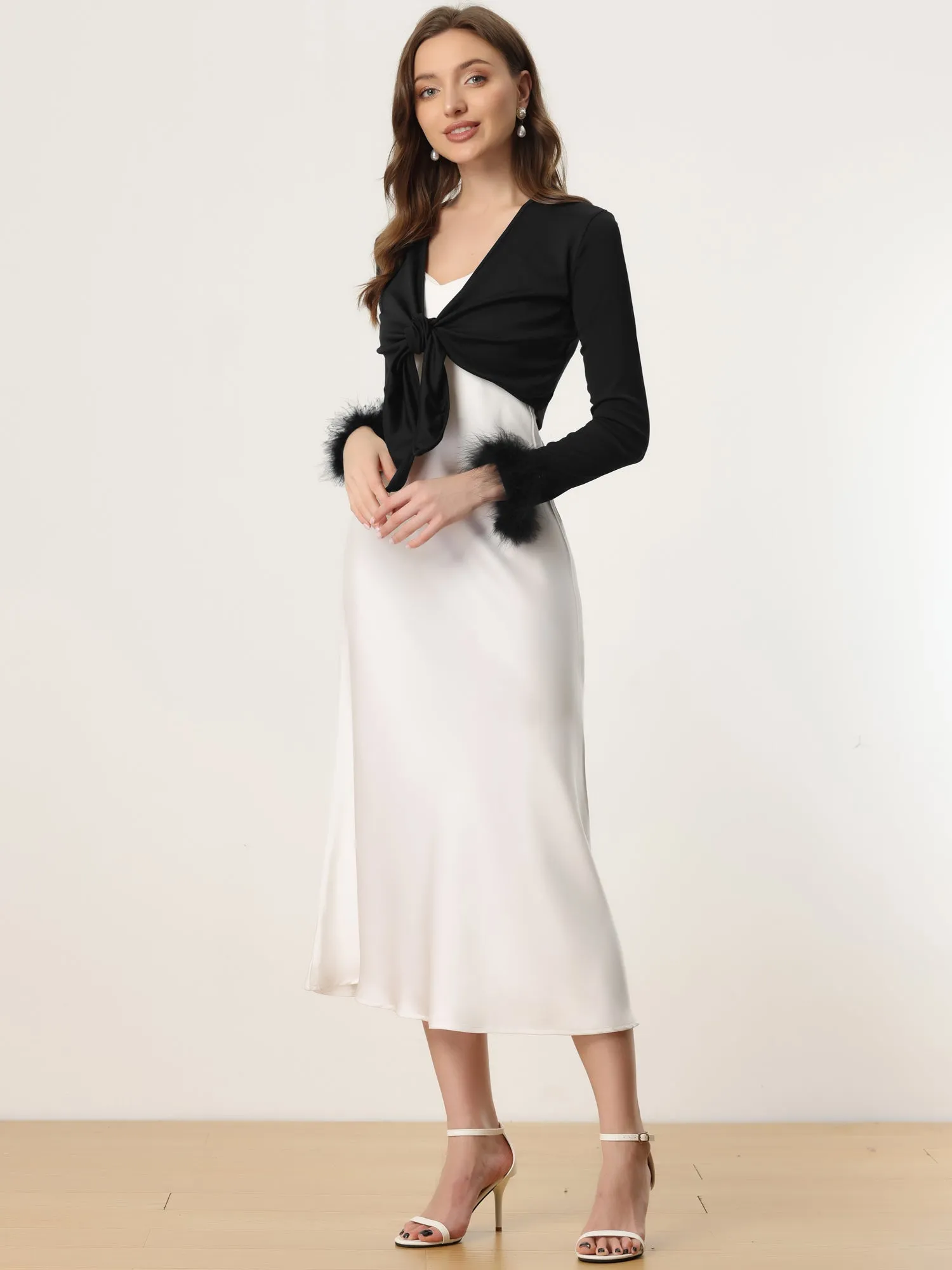 Tie Front Long Sleeve Faux Feather Cuff Open Navel Crop Top sold by Allegra K product image thumbnail 5