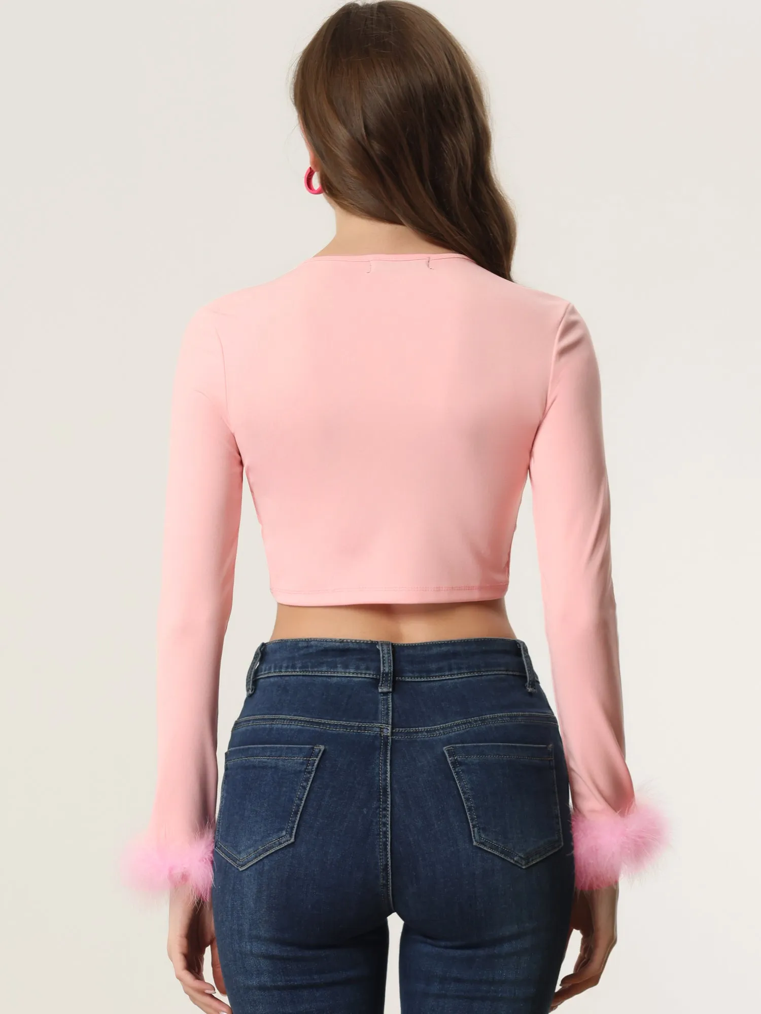Tie Front Long Sleeve Faux Feather Cuff Open Navel Crop Top sold by Allegra K product image thumbnail 3