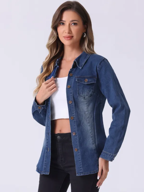 Denim Long Sleeve Button Down Pocket Trendy Jean Shirts sold by Allegra K