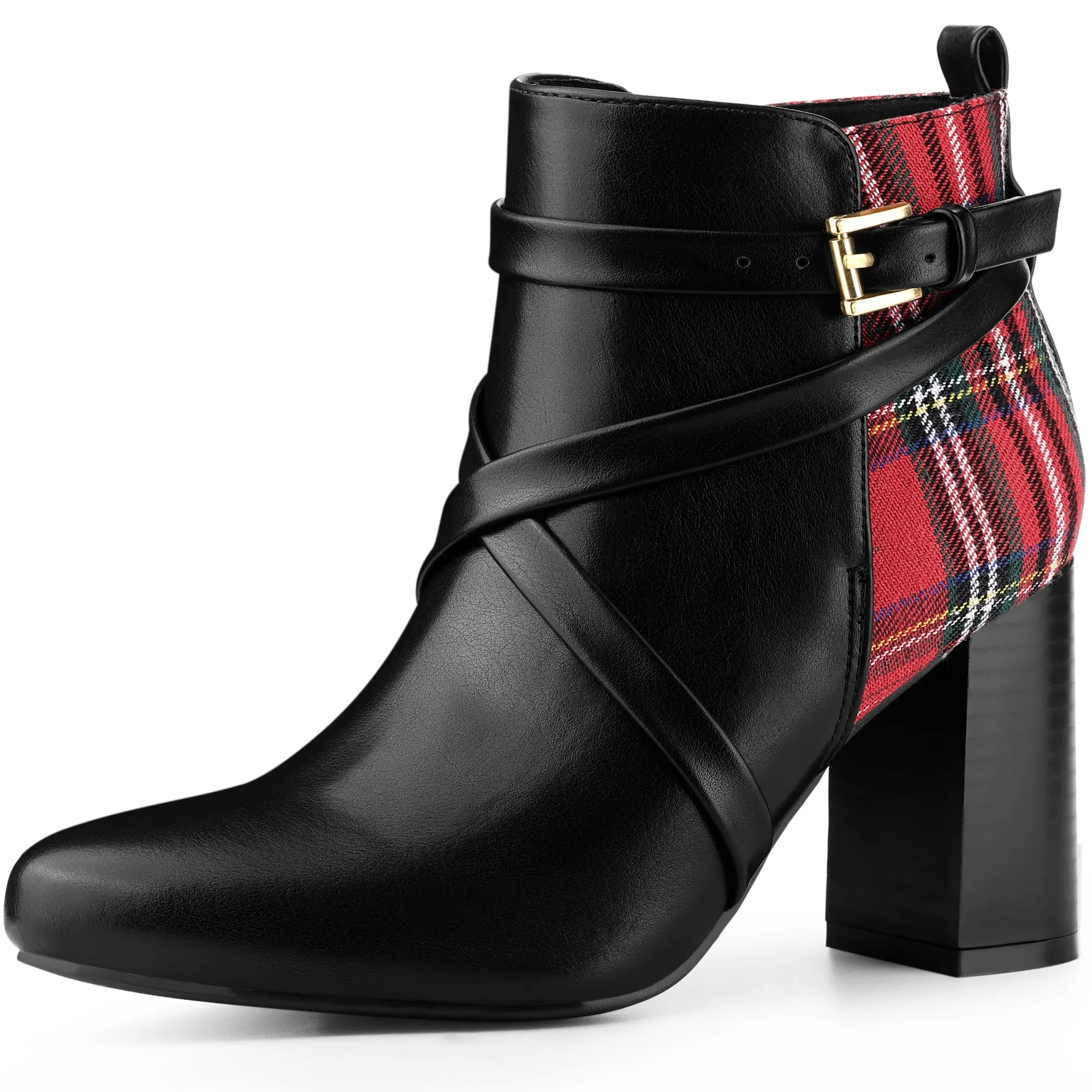Plaid Pointed Toe Crisscross Strap Block Heel Ankle Boots sold by Allegra K product image thumbnail 2