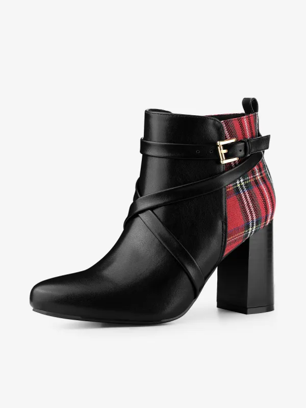 Plaid Pointed Toe Crisscross Strap Block Heel Ankle Boots sold by Allegra K
