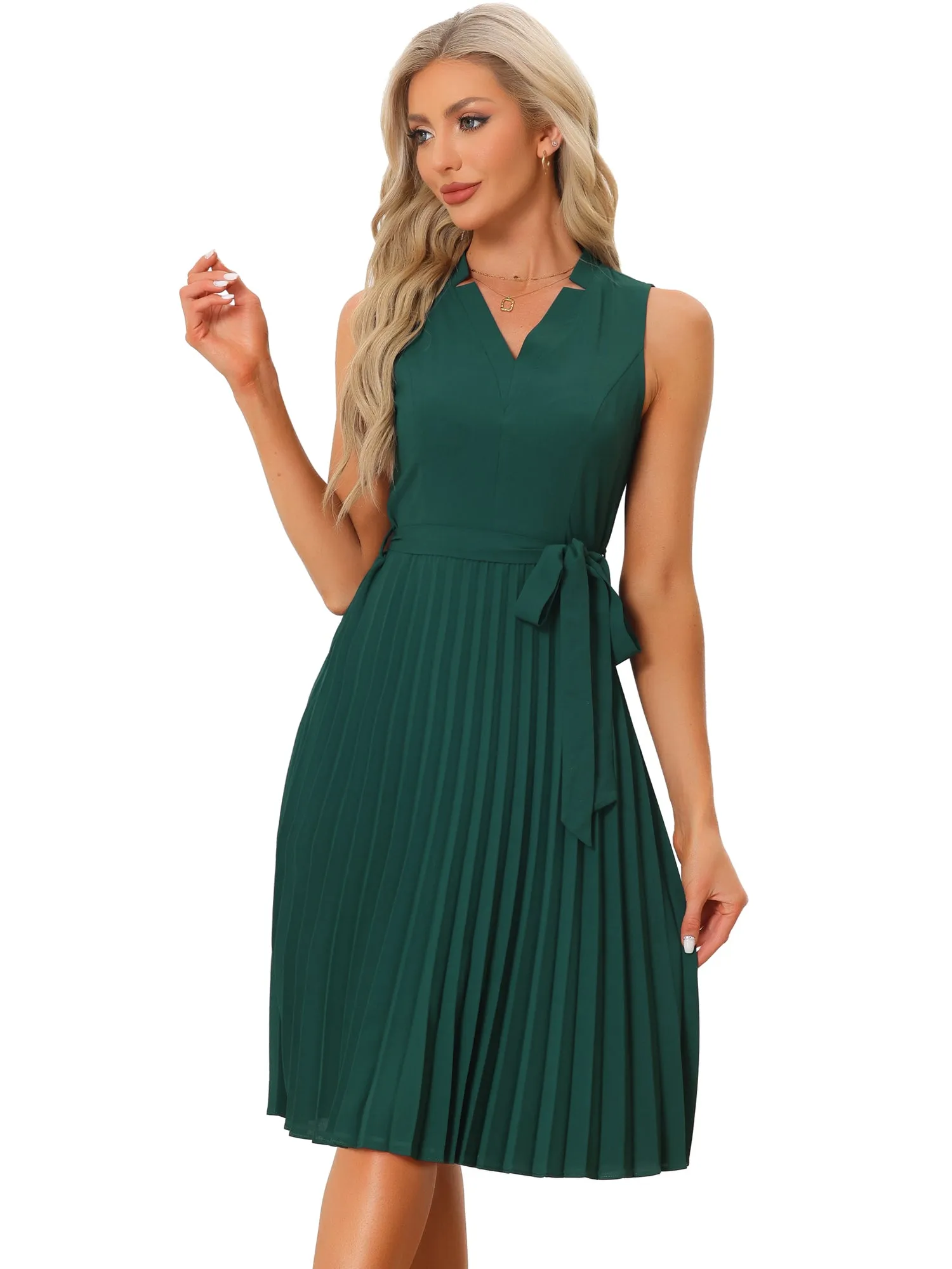 Sleeveless V Neck Belted A-line Midi Elegant Pleated Dress sold by Allegra K product image thumbnail 4