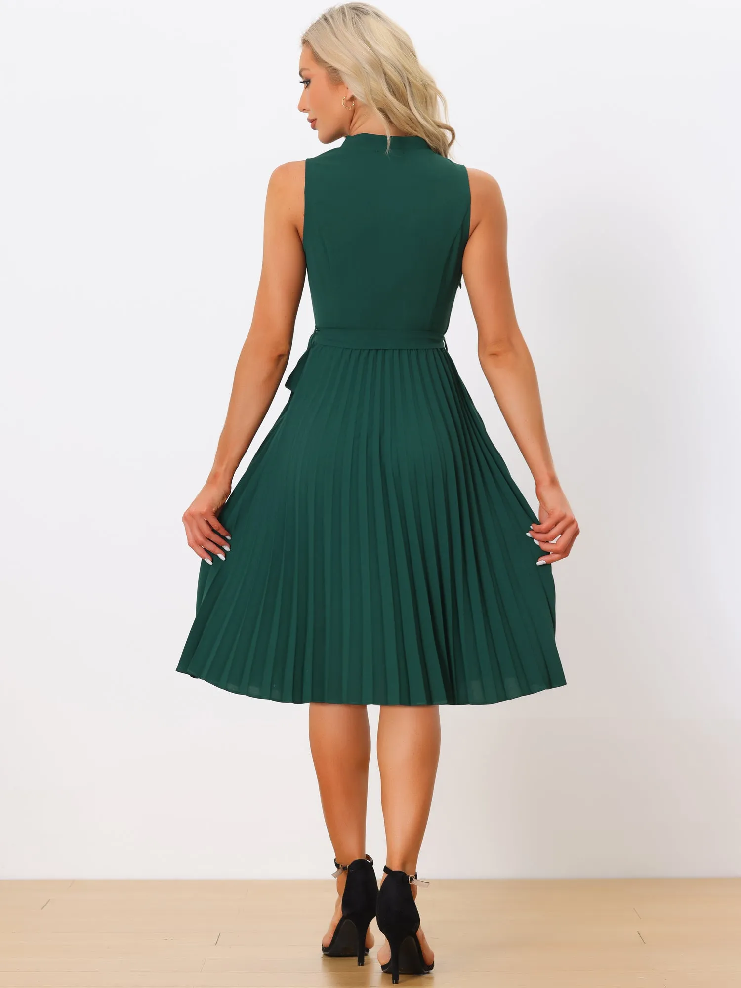 Sleeveless V Neck Belted A-line Midi Elegant Pleated Dress sold by Allegra K product image thumbnail 3