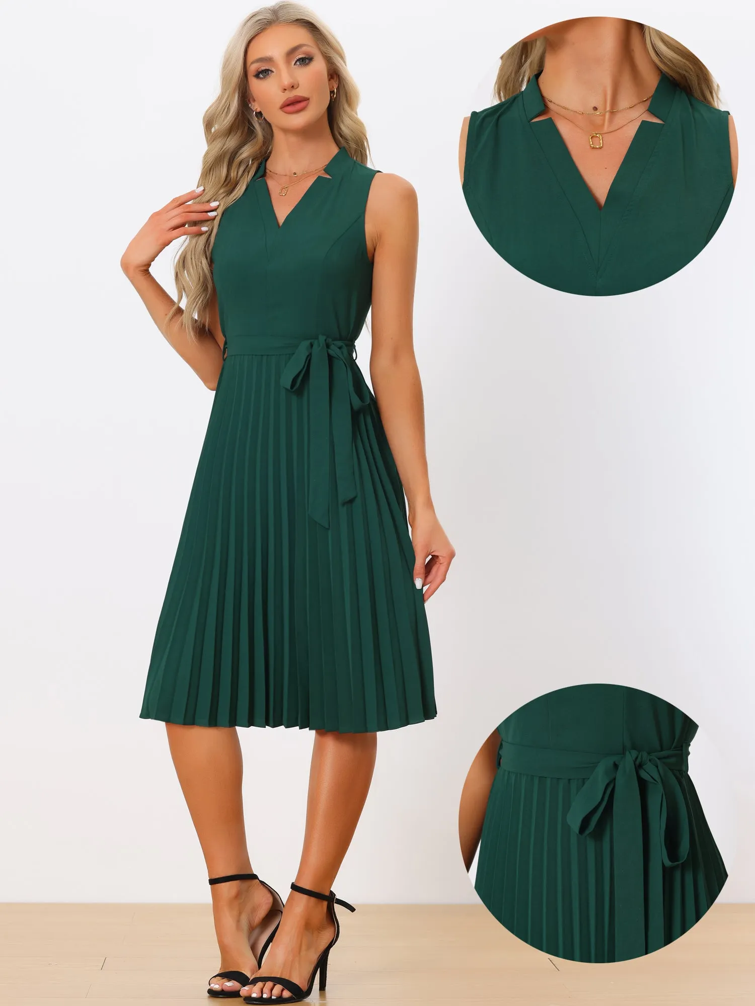 Sleeveless V Neck Belted A-line Midi Elegant Pleated Dress sold by Allegra K product image thumbnail 2