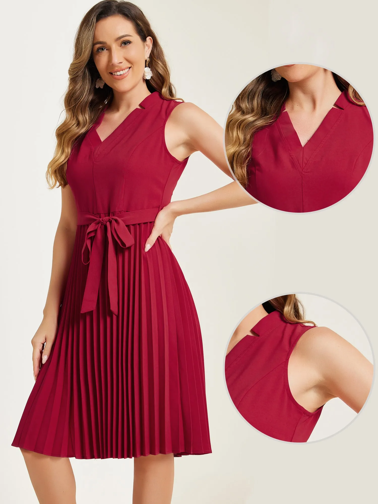 Sleeveless V Neck Belted A-line Midi Elegant Pleated Dress sold by Allegra K product image thumbnail 5