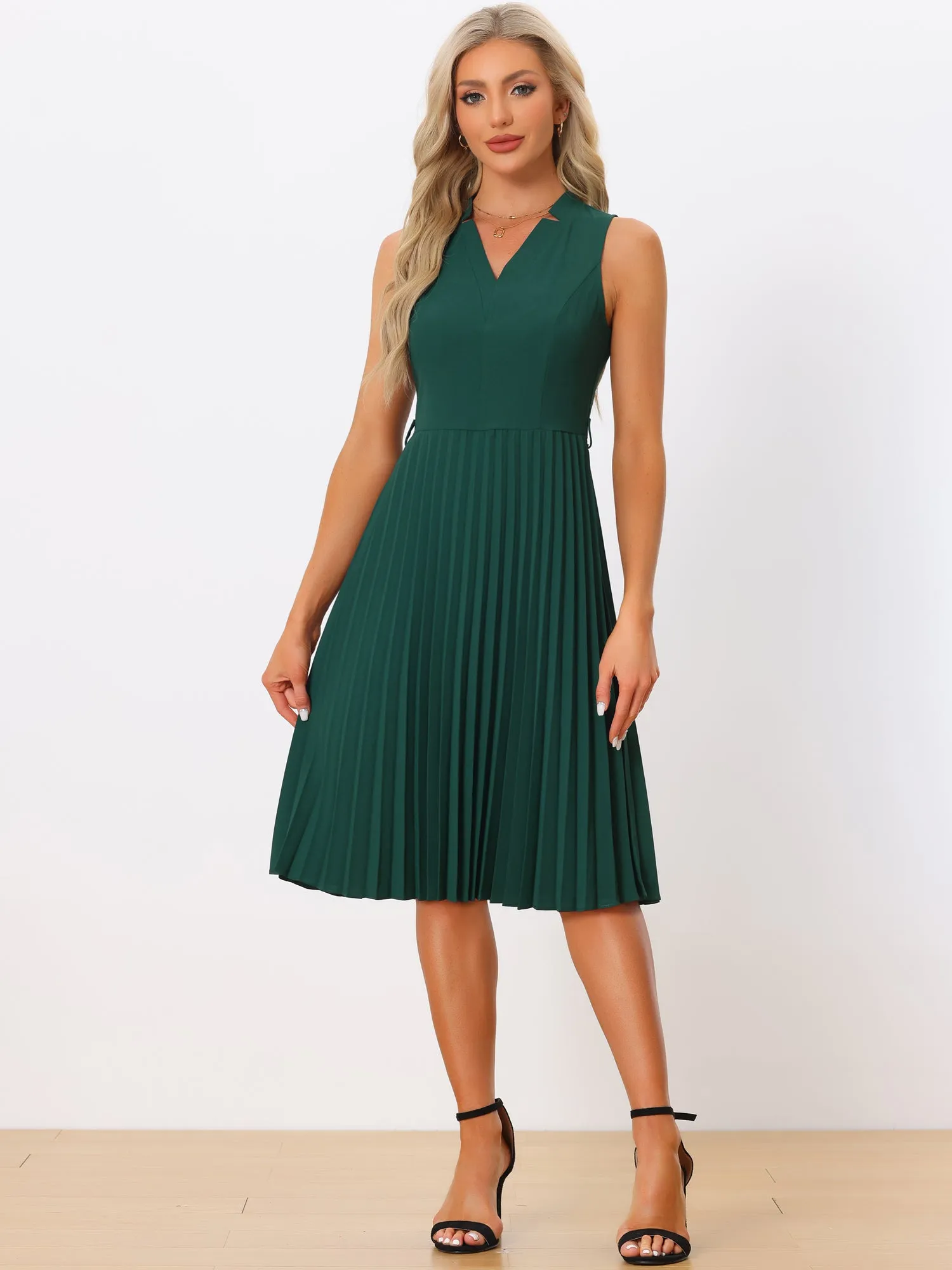 Sleeveless V Neck Belted A-line Midi Elegant Pleated Dress sold by Allegra K