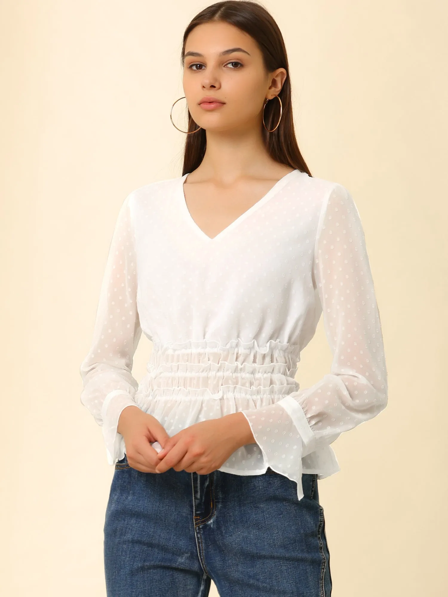 V-Neck Smocked Peplum Top Sheer Ruffle Swiss Dots Blouse sold by Allegra K product image thumbnail 2