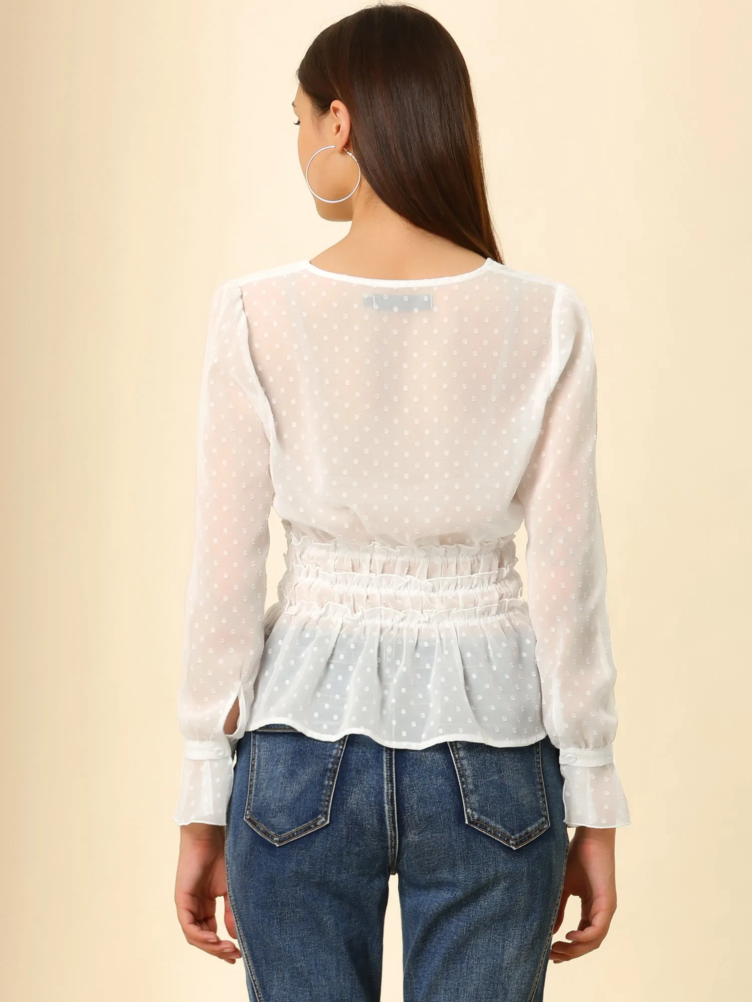 V-Neck Smocked Peplum Top Sheer Ruffle Swiss Dots Blouse sold by Allegra K product image thumbnail 5