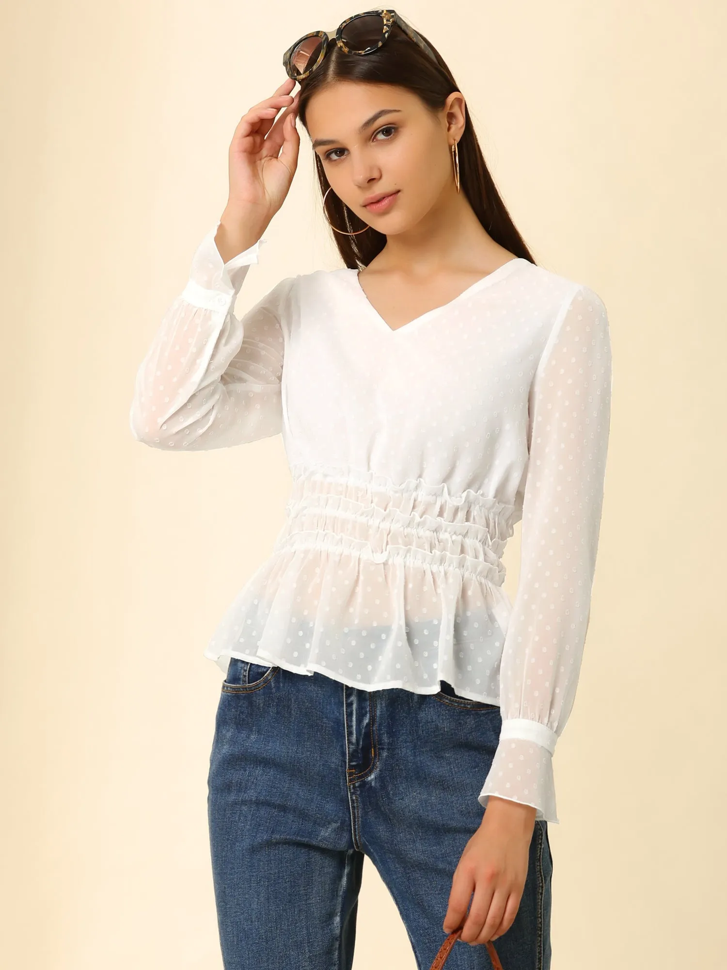 V-Neck Smocked Peplum Top Sheer Ruffle Swiss Dots Blouse sold by Allegra K product image thumbnail 3