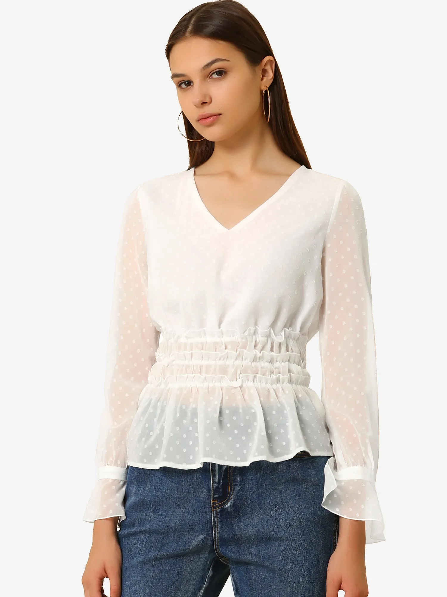 V-Neck Smocked Peplum Top Sheer Ruffle Swiss Dots Blouse sold by Allegra K