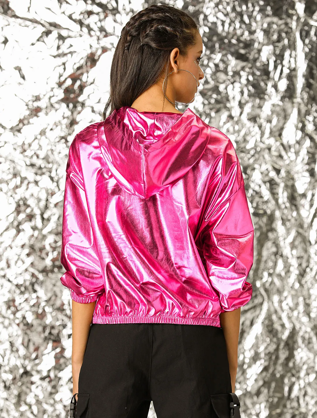 Holographic Party Shiny Lightweight Zipper Hooded Metallic Jacket sold by Allegra K product image thumbnail 5