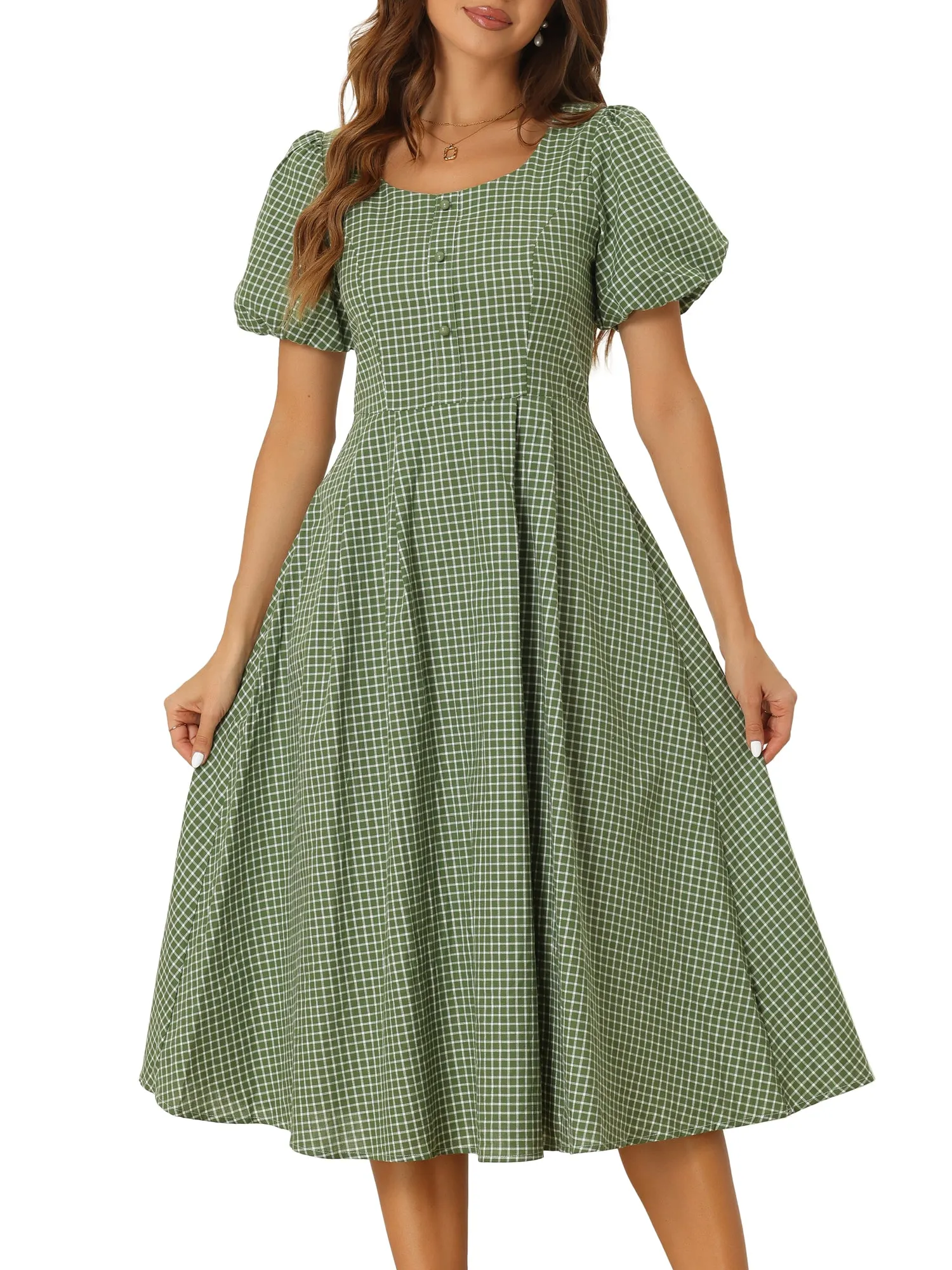 Plaid Summer Pleated Back Button Decor Puff Sleeve Midi Dress sold by Allegra K product image thumbnail 5