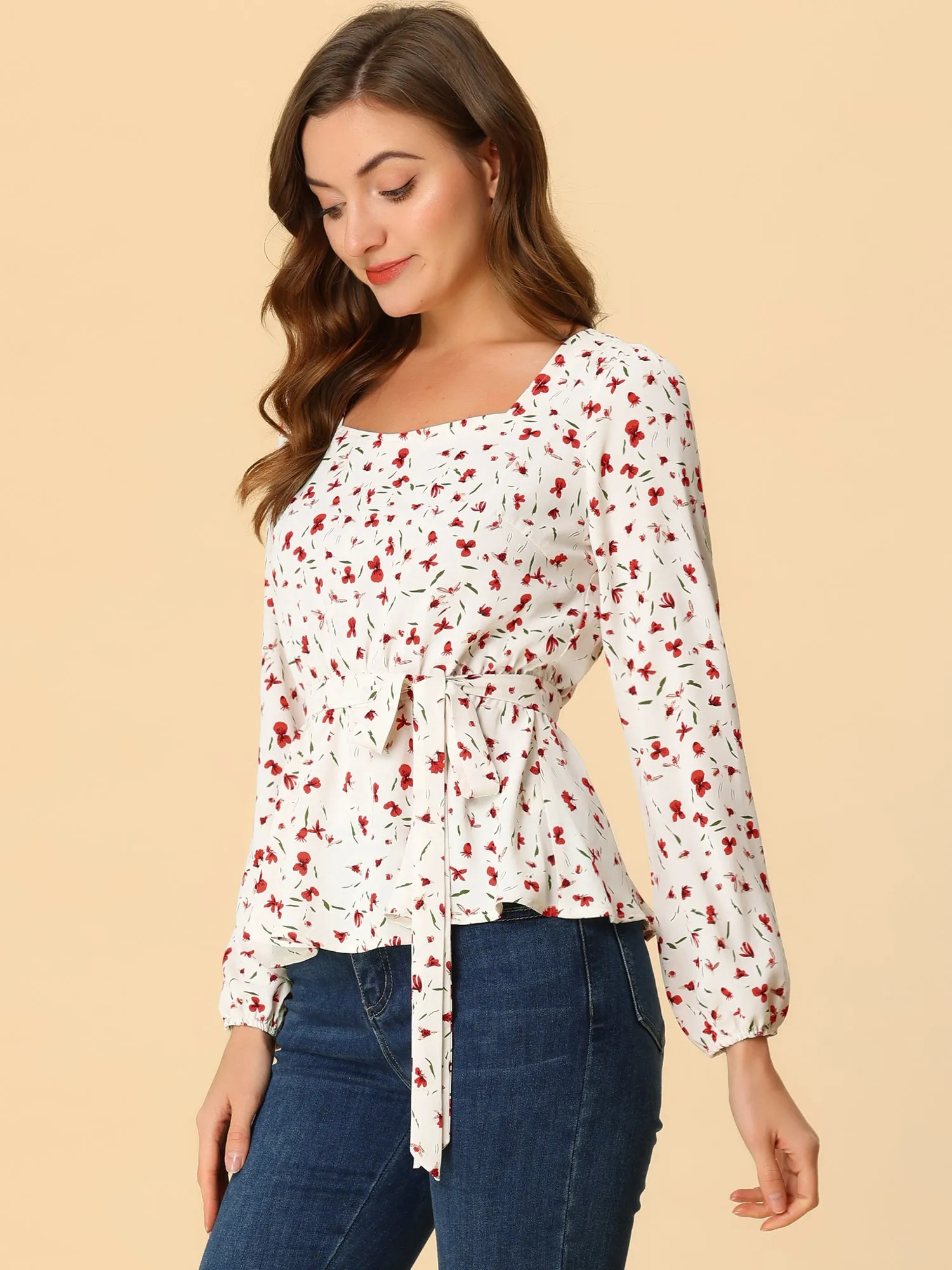 Long Sleeve Square Neck Belted Peplum Floral Top Blouse sold by Allegra K product image thumbnail 3