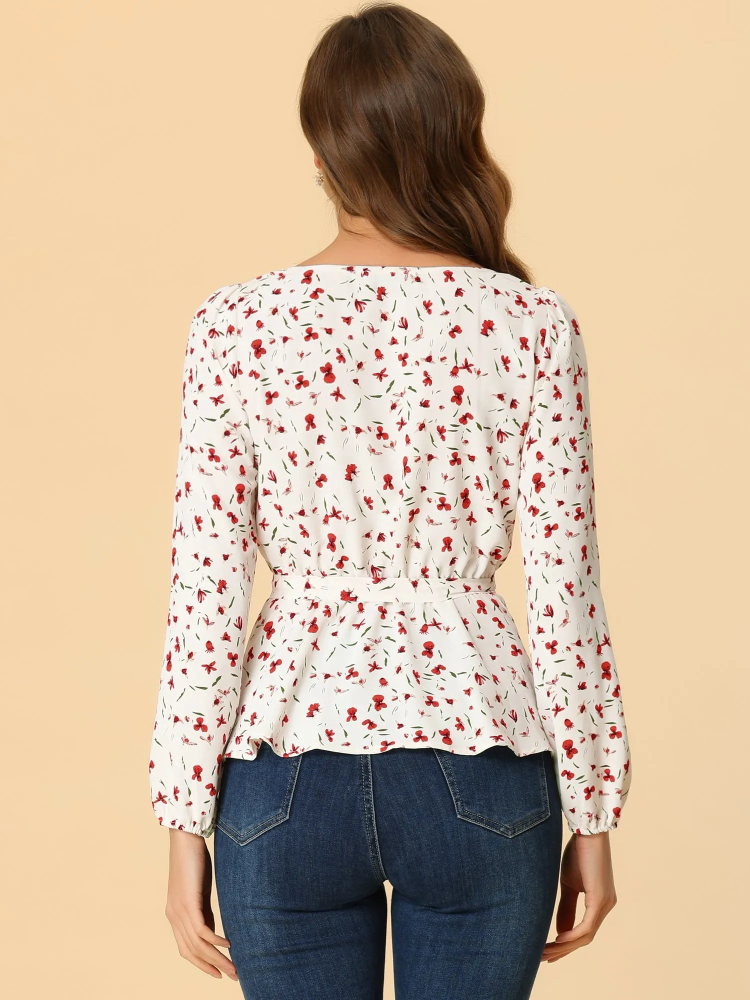 Long Sleeve Square Neck Belted Peplum Floral Top Blouse sold by Allegra K product image thumbnail 4