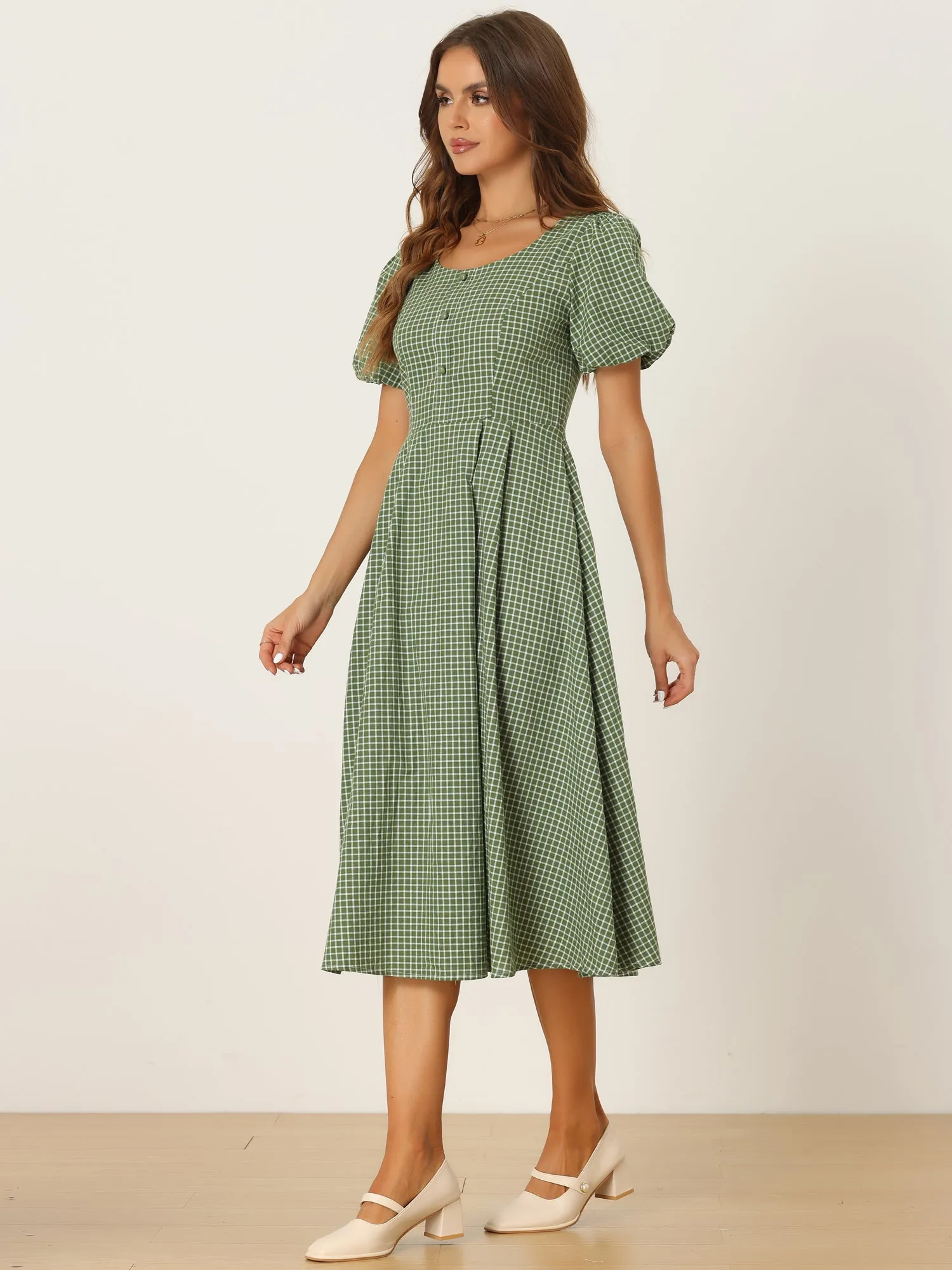 Plaid Summer Pleated Back Button Decor Puff Sleeve Midi Dress sold by Allegra K