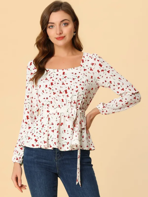 Long Sleeve Square Neck Belted Peplum Floral Top Blouse sold by Allegra K